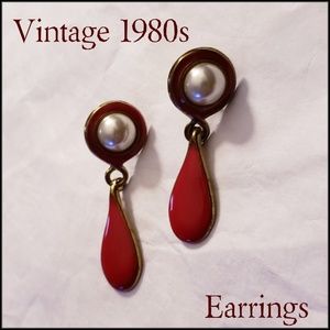 Vintage Red with Gold Tone Faux Pearl Earrings